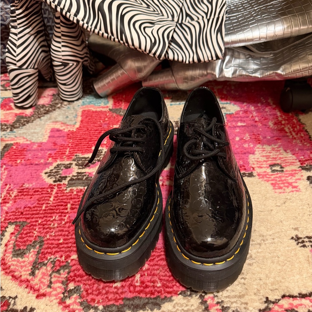 Dr. Martens Black Patent Platform Lace-Up Shoes with Yellow Stitching